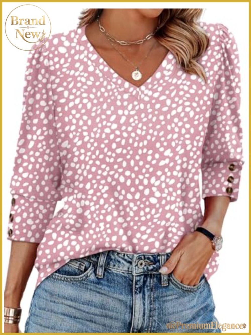V-Neck Blouse 3/4 Sleeve Tunic Top with Buttons Casual